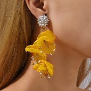 Anthropologe  Yellow Floral Pearl Drop Earrings